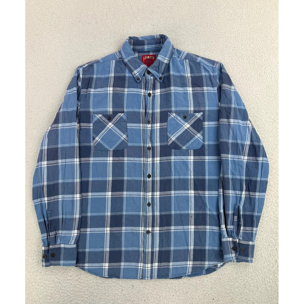Big Mac Shirt Mens Large Blue Plaid Flannel Button Up Long Sleeve Workwear